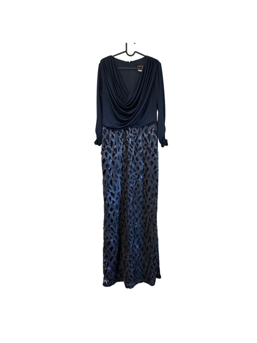 Tadashi Shoji Navy Blue Draped Neckline Lattice Sequin Maxi Gown Womens Size 8